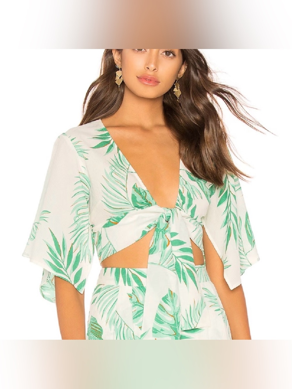 J.O.A. Women’s Large Palm Tree Crop Top Tie Front Tropical Green White Beachy